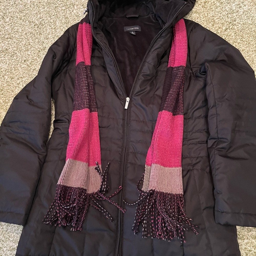 Lands' End Black Puffer Jacket with Pink Highlights